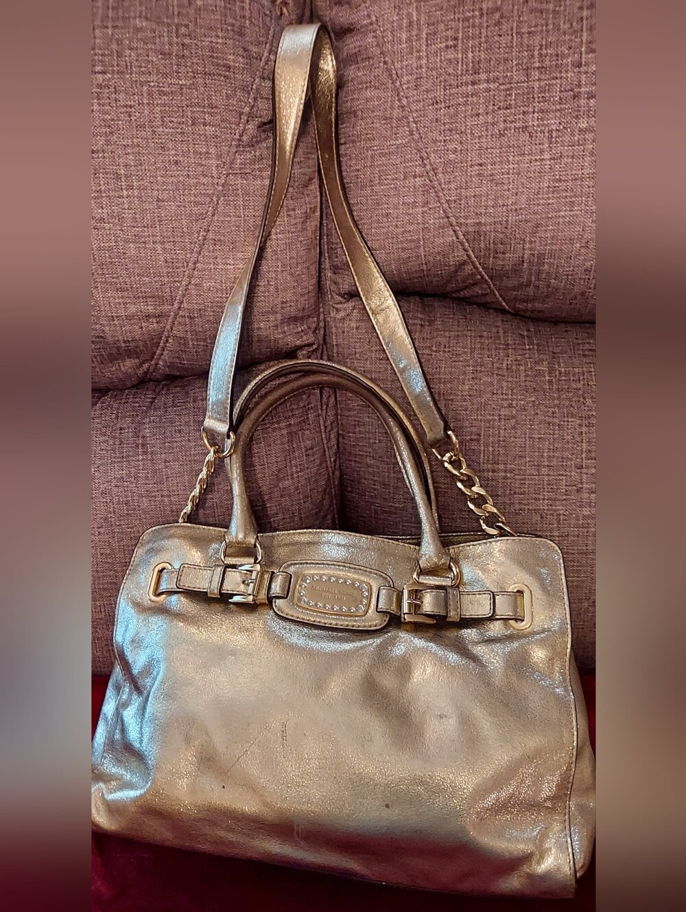 Michael Kors Metallic Bronze Shoulder Satchel with Chain-Trim